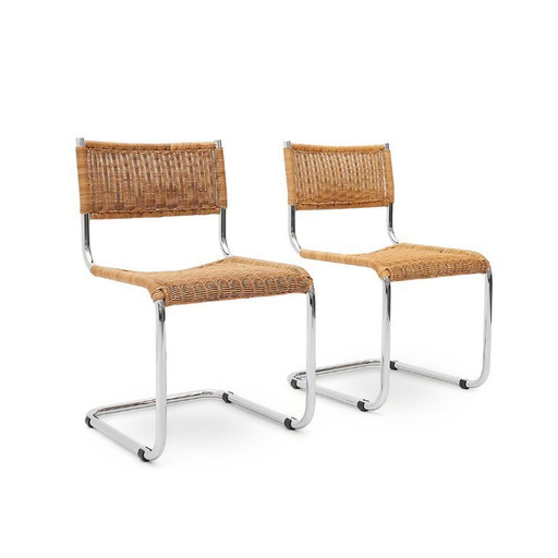 Paire de chaises Bauhaus en métal chromé et rotin, 1970