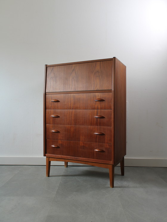 Image 1 of Vintage Danish chest of drawers in teak with flap and mirror !