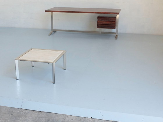 Image 1 of 1 Tavolino, acciaio inossidabile e pietra di travertino, Artelano France, anni '80.