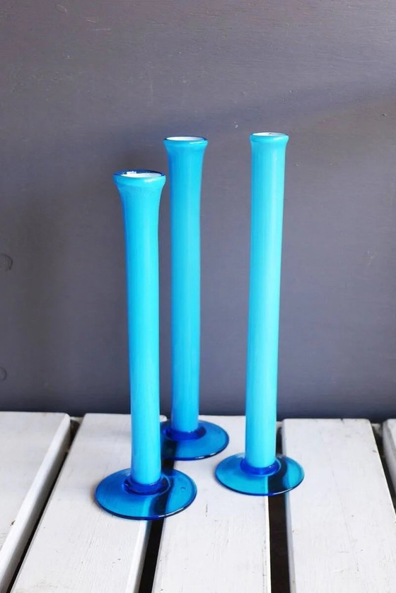 Image 1 of Vintage tall handblown orchid vases in azure blue by Artur Percy for Gullaskruf, 1970s, set of 3
