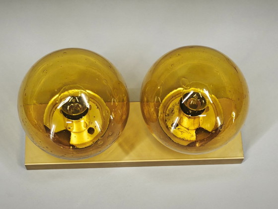1970s Space Age Amber Glass Double Wall Lamp, Kamenický Šenov – Wall lights, Brass (photo 3 of 14)