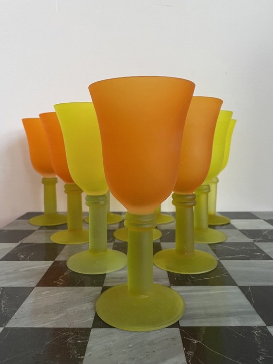 Image 1 of Vintage set handgeblazen, matglazen wijnglazen - Scandinavië - design - jaren 80/90