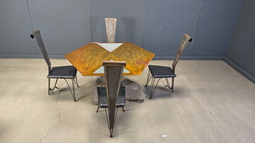 Hand crafted steel and stone dining set, 1970s - vintage dining set - hand crafted dining set - post modern dining table and cha