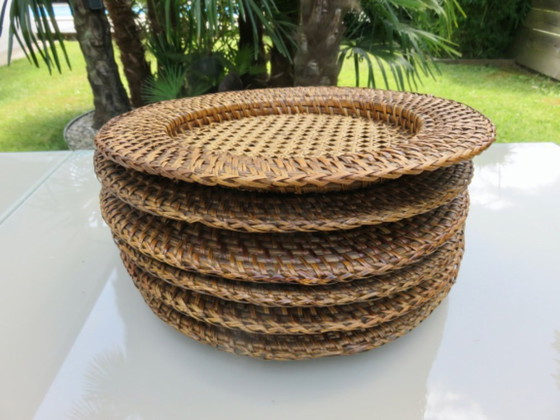 Image 1 of Set of 6 rattan and wicker platters, France, 1970
