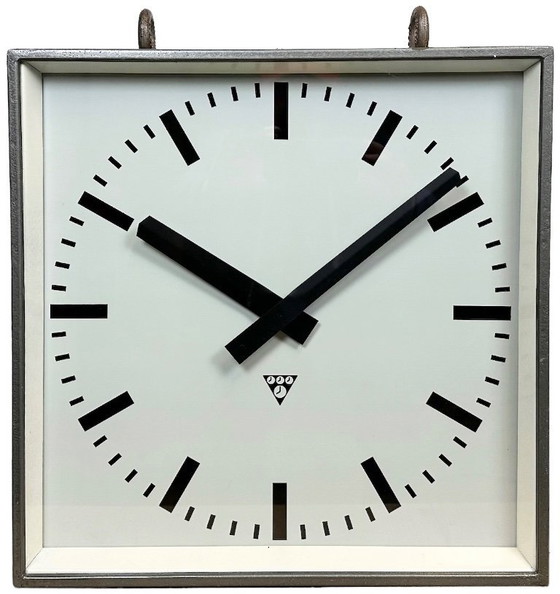 Image 1 of Large Square Industrial Double-Sided Factory Hanging Clock from Pragotron, 1970s