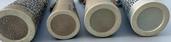Image 1 of Lot de 4 chopes à bière vintage originales en grès avec couvercles en étain – König / GERZ – Allemagne, années 1970-1980