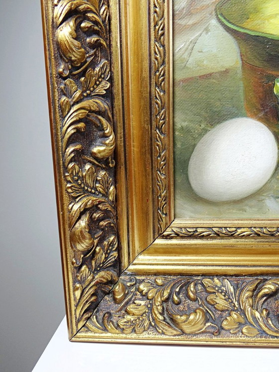 Image 1 of Still life with garlic, egg and mortar, signed Sarpe, 1979, oil on canvas