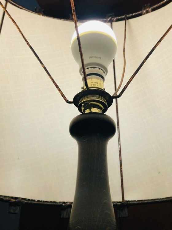 Image 1 of Mid-Century, Turned Wood, Bamboo Rattan Floor Lamp Circa 1950s