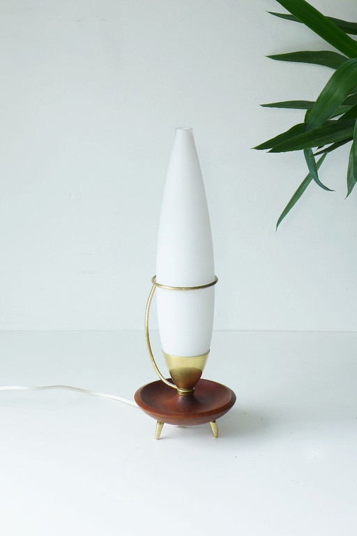 Vintage Dreibein Tischlampe Philips 1960er Jahre, Messing Teak Opalglas Rocket Lamp