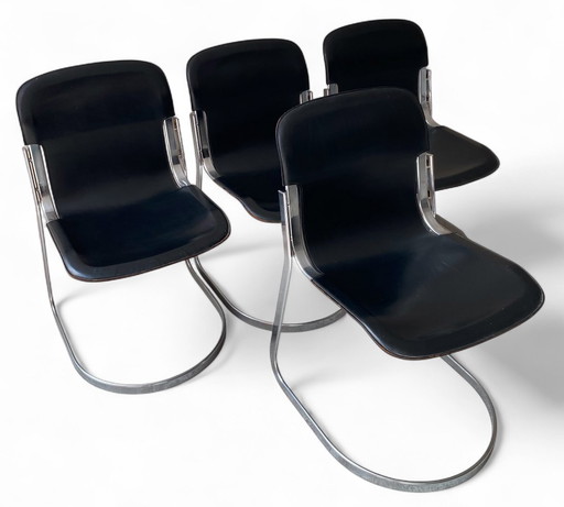 Willy Rizzo voor Cidue, suite van 4 vintage designstoelen, zwart leer en verchroomd staal, ca 1970