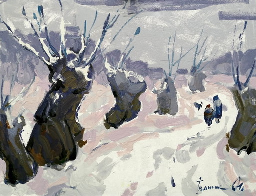 Pintura al Óleo Original Paisaje Invernal Carretera Rural Día de Nieve