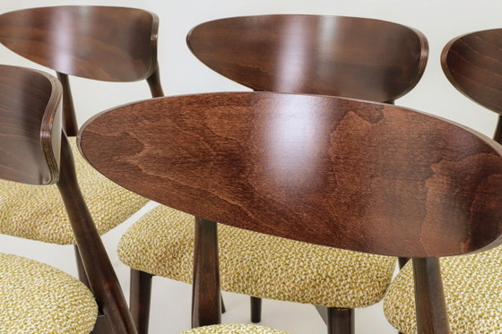 Image 1 of Set van 6 eetkamerstoelen, licht beukenhout, stof met groen patroon, modern ontwerp