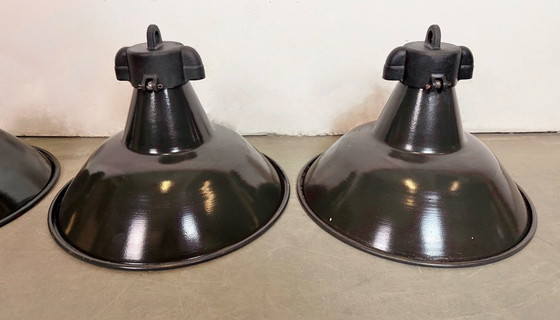 Image 1 of Set of 4 Industrial Black Enamel Factory Lamps with Cast Iron Top, 1950s