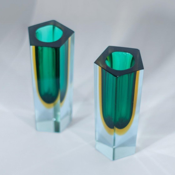 Image 1 of Flavio 2x Poli Murano Sommerso Vasen, Grün & Gelbes Glas, Zweier-Set