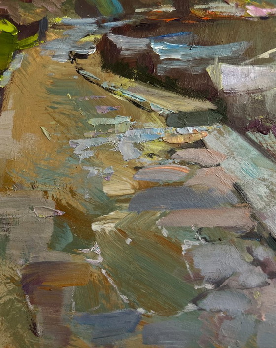 Image 1 of Origineel olieverfschilderij: Somber kustlandschap, stadsboot, veerboot