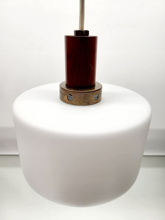 Image 1 of Vintage opaline glazen hanglamp, Scandinavische stijl, teak en messing, jaren 60