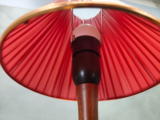 Image 1 of Danish Mid Century Teak Table Lamp with Red Shade, 1960s