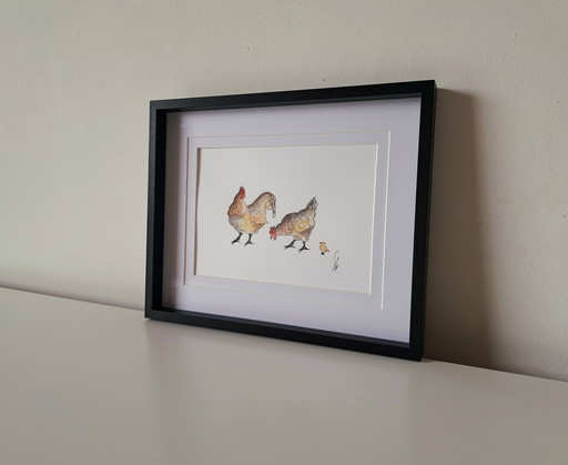 Original watercolor painting of chickens in a frame