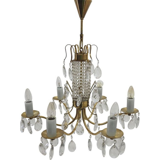 Lustre vintage en verre, laiton et cristal de Bohème, 1950
