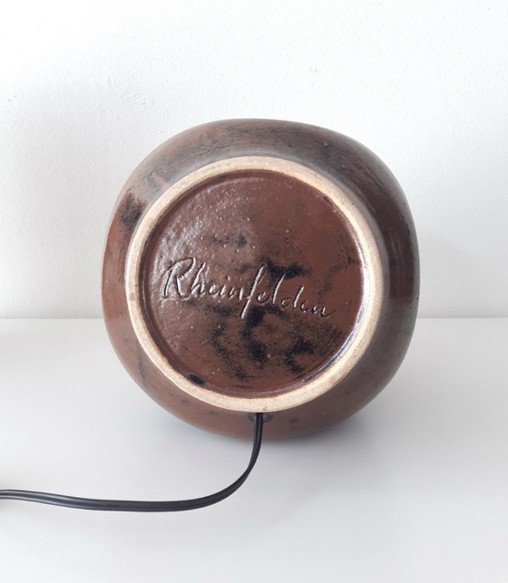 Image 1 of Sturdy dark brown ceramic Rheinfelden lamp base with new handmade lampshade of black and white graphic fabric