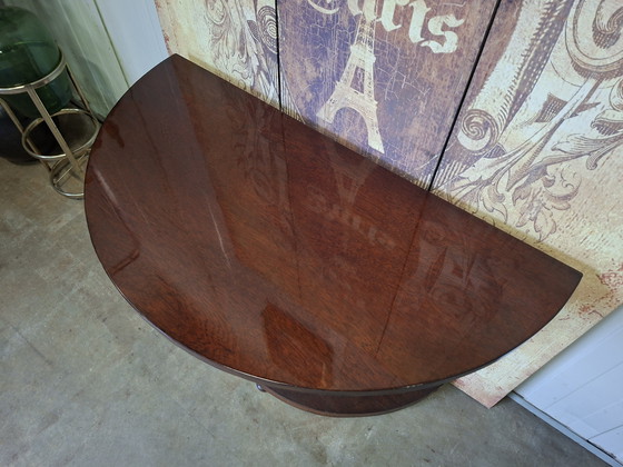 Image 1 of Table d'appoint demi-lune en acajou ancien, console murale, dimensions 90x50cm et 71cm de hauteur.