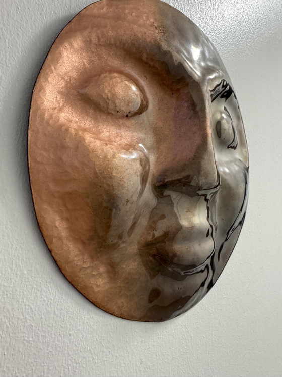 Image 1 of 1960s repoussé and enameled brass face sculpture