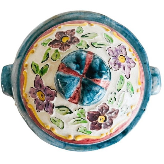 Image 1 of Vintage mid-century hand-painted bonbonnière Rigo Majolica flower lidded jar 1950s