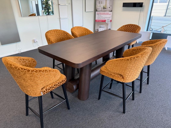 Image 1 of Richmond hoge tafel kersenhout 97x219cm set met 6 stoelen indigo triangle zithoogte 68 cm