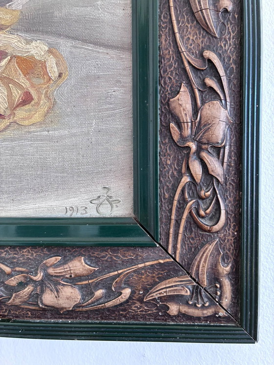 Image 1 of Peinture à l'huile originale ancienne représentant une nature morte de roses jaunes.