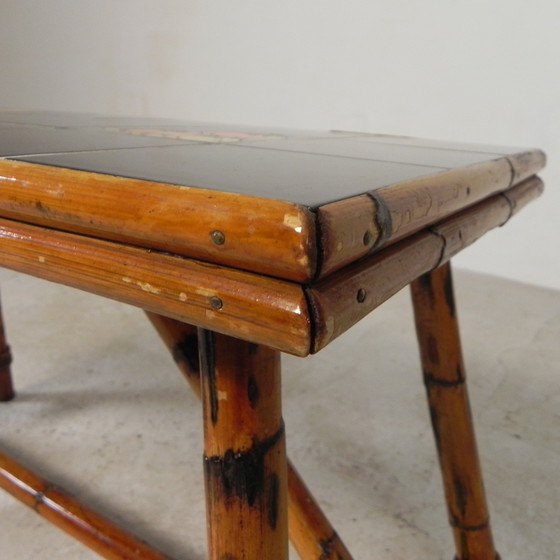 Image 1 of Rattan and bamboo coffee table with tiles, tile table, 1950s