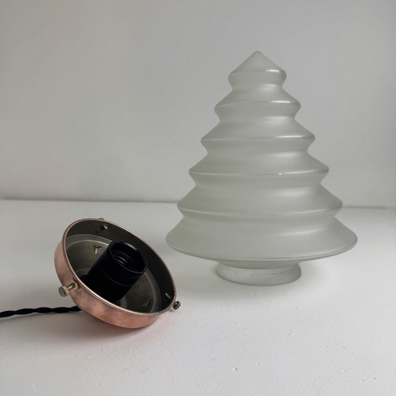 OLD ART-DECO 1930 FROSTED GLASS PENDANT LAMP, Copper, Black, Vintage (photo 4 of 12)
