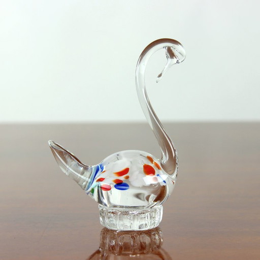 Cigno in Vetro Artistico Vintage Fatto a Mano con Inclusioni Multicolori, Cecoslovacchia, Anni '60