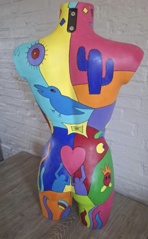 Image 1 of Handgeschilderd vrouwelijk torso in pop-artstijl - gesigneerd "MH i2" - uniek kunstwerk