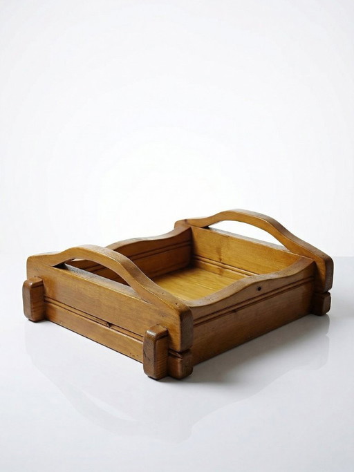 Solid wood tray with handles, handcrafted, rustic style, 1960s-70s