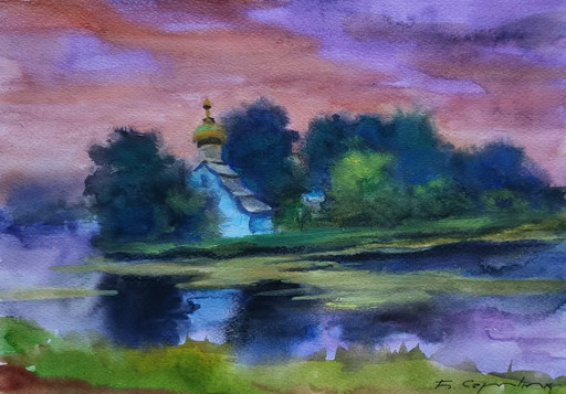 Original Watercolor Painting Nature Landscape Meadow Church Morning over the River – schilderijen tekeningen, Paper
