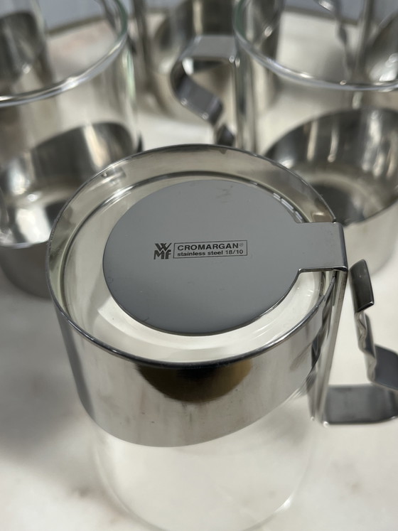 6 Vintage MCM/Space Age WMF Theeglazen Met Cromargan Houder – Tafelaccessoires, Glass, Metal (photo 4 of 5)