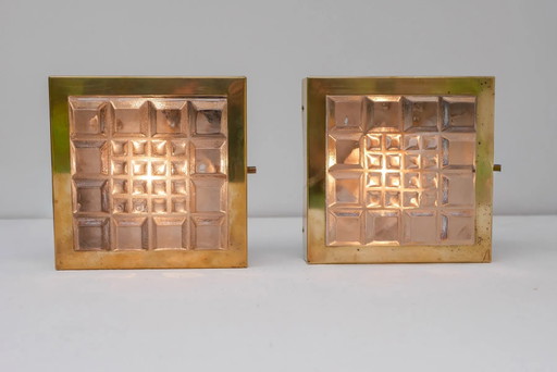 Appliques murales suédoises de style brutaliste en verre et laiton de Falkenbergs Belysning, lot de 2
