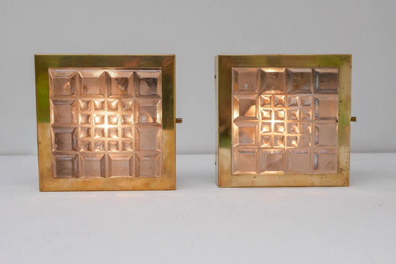 Image 1 of Schwedische brutalistische Wandlampen aus Glas und Messing von Falkenbergs Belysning, 2er-Set