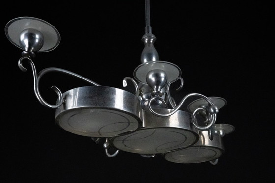 Image 1 of Araña Art Decó italiana de latón niquelado y cristal esmerilado, años 30