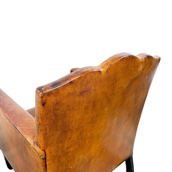 Image 1 of Antieke Franse moustache fauteuil – cognac leren clubstoel – begin 20e eeuw
