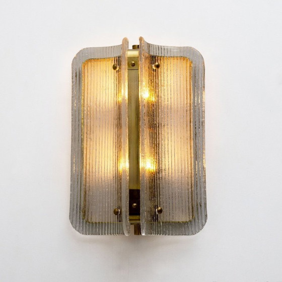Image 1 of Pair of Curved Clear Ribbed Murano Glass and Brass Wall Sconces