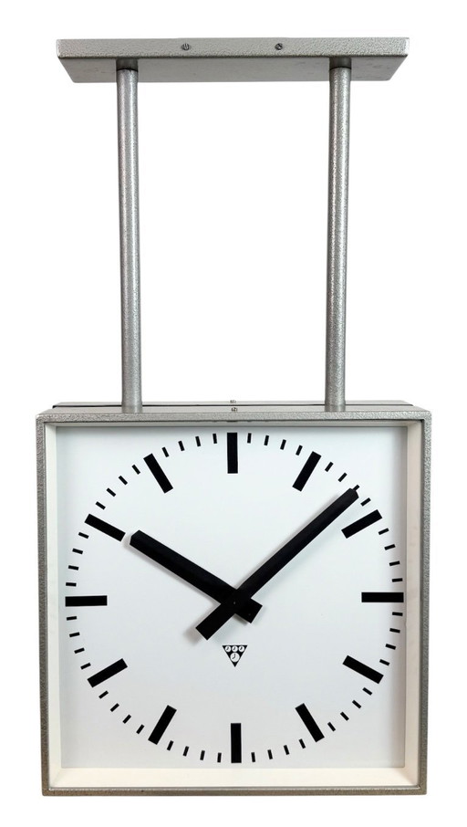 Large Square Industrial Double-Sided Factory Clock from Pragotron, 1960s