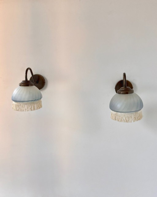 Paire d'appliques vintage en laiton et verre bleuté, France 1970 – wandlampen, Glass (photo 2 of 5)