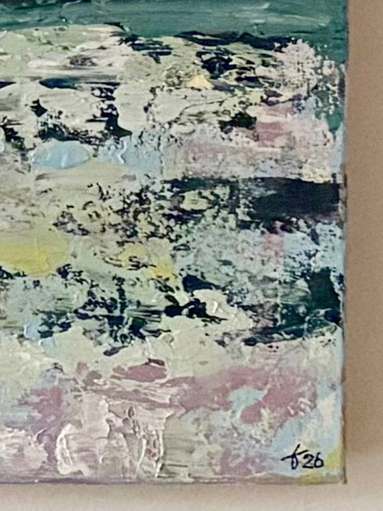 Image 1 of Large abstract diptych with warm orange and soft green tones | Numinosity | 120 x 60 cm