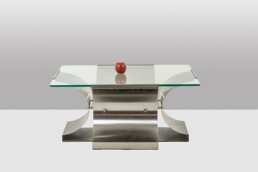 François Monnet, for Kappa. Brushed steel and glass coffee table. 1970