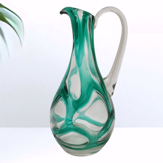 Vintage glass carafe / handle vase - clear glass with green train decoration, mid-century studio glass, 27 cm (photo 7 of 7)