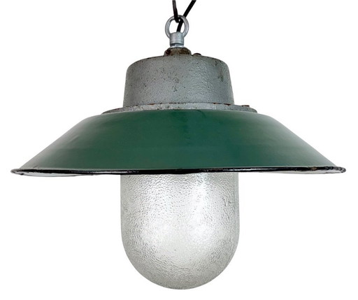 Green Enamel and Cast Iron Industrial Pendant Light, 1960s