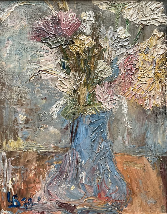 Vintage Floral Oil Painting with Impasto, Signed LB, 1977, Paintings & Drawings, Wood, Blue (photo 5 of 7)