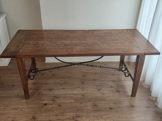 Tavolo da pranzo antico spagnolo con gambe a cavalletto - Legno massello e ferro battuto (200x89 cm) (photo 14 of 20)