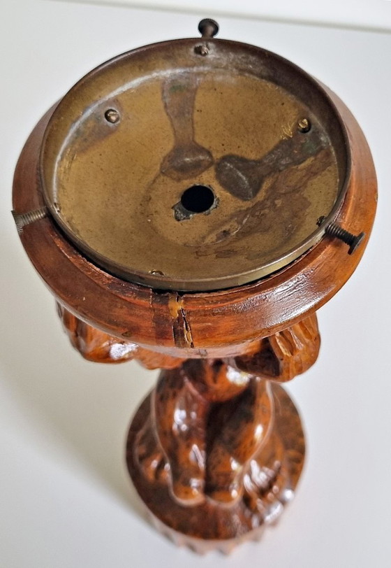 Image 1 of Folk art wooden sculpture lamp with crackled glass